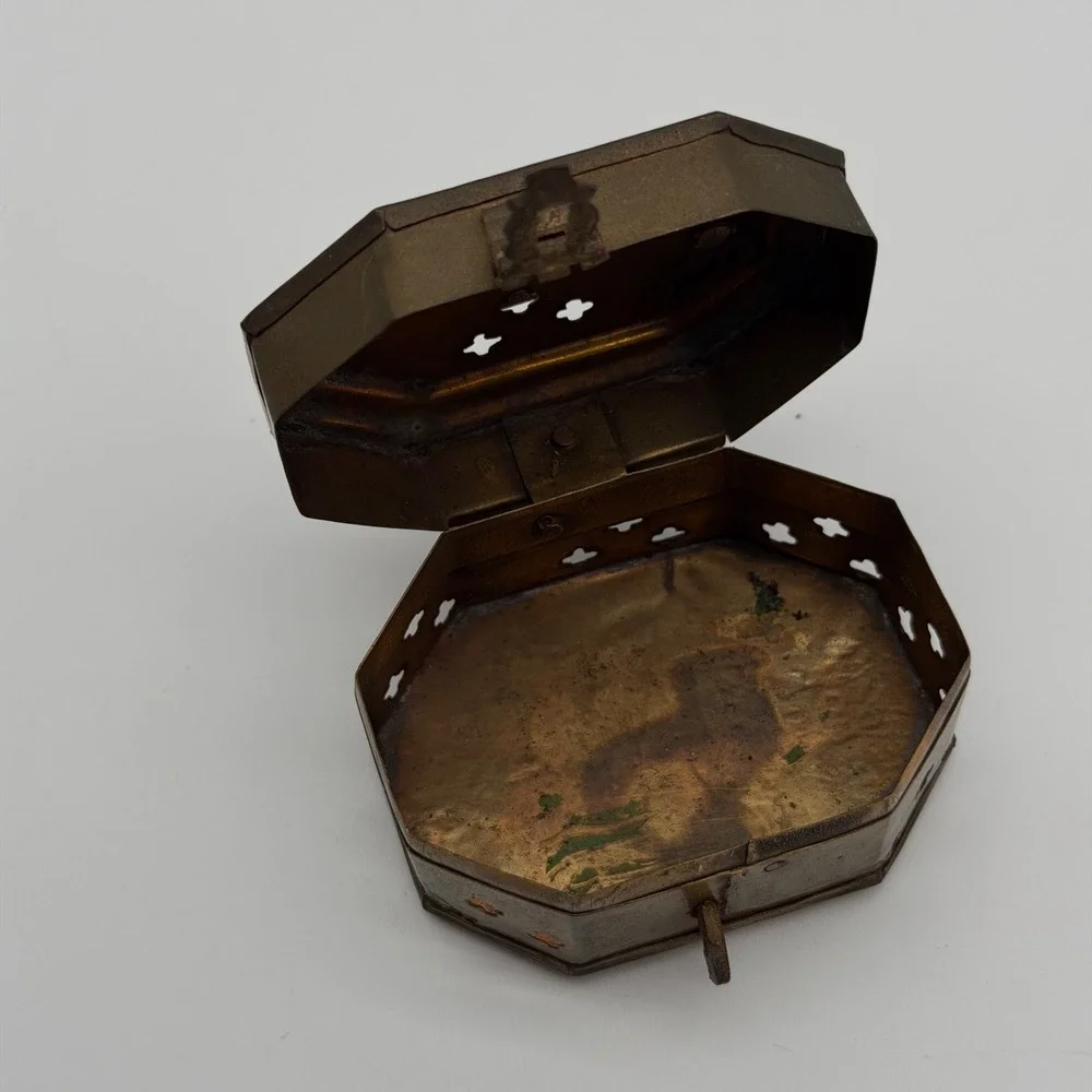 Vintage Brass Octagon Trinket Box Made in India Hinged Latch Star Cutouts Handle